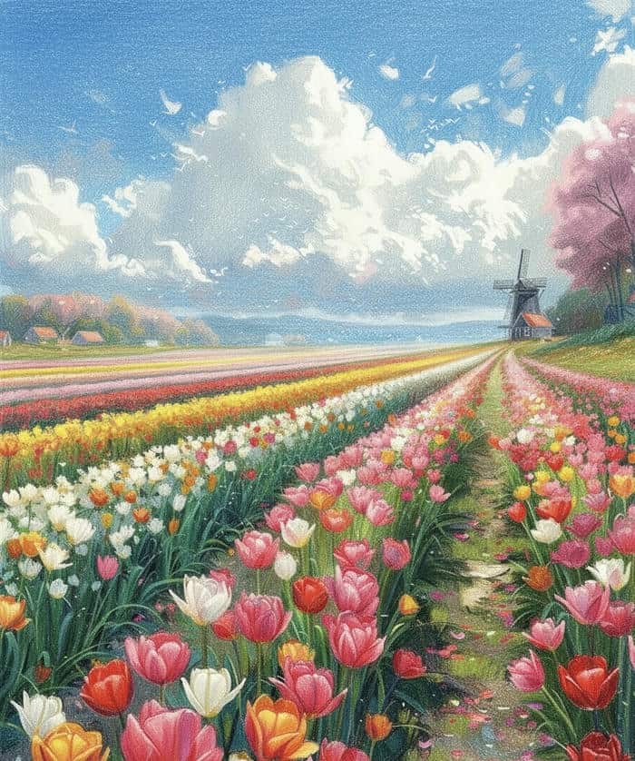 tranh vẽ hoa tulip sắc màu tươi sáng