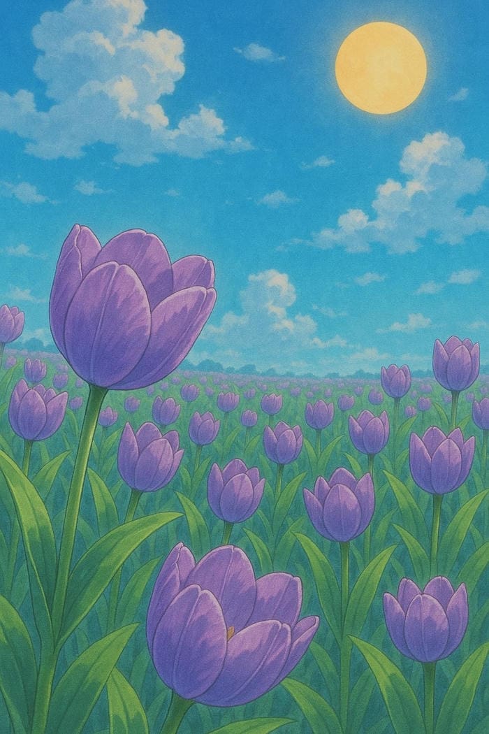 tranh vẽ hoa tulip tím dưới trăng