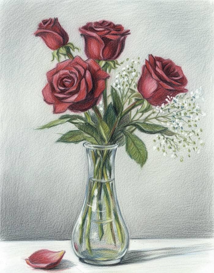 tranh vẽ lọ hoa hồng đỏ đẹp