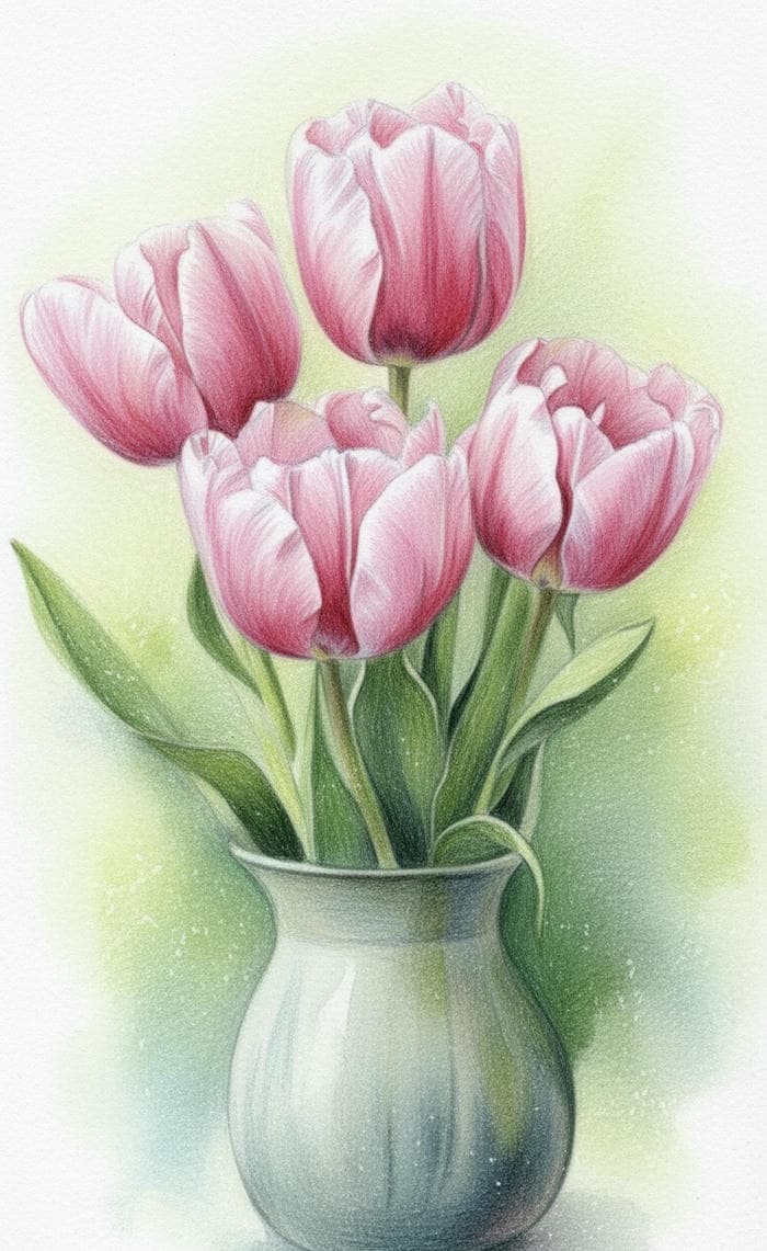 tranh vẽ lọ hoa tulip hồng đẹp