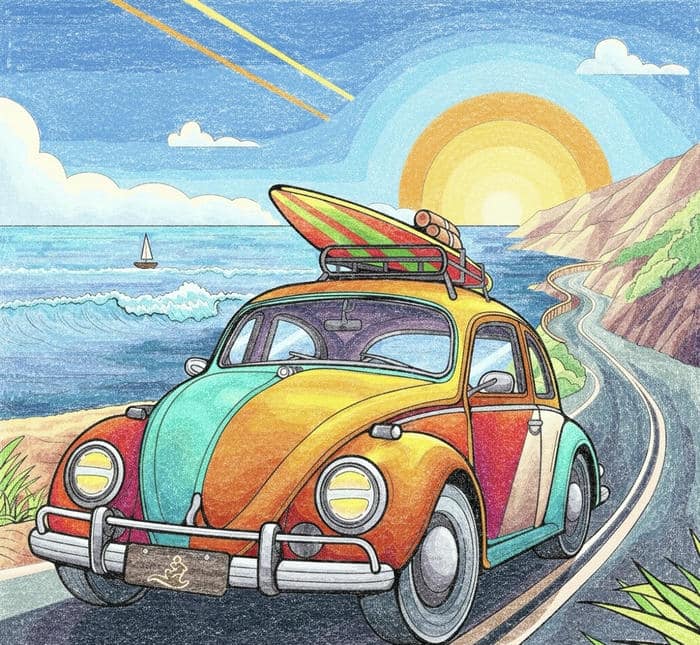 tranh vẽ ô tô trên bờ biển