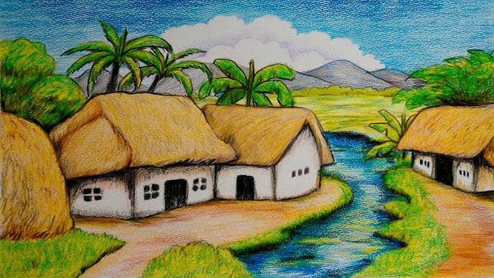 tranh vẽ quê hương buổi chiều bên sông