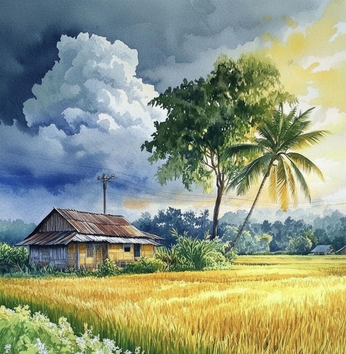 tranh vẽ quê hương ruộng lúa vàng rực