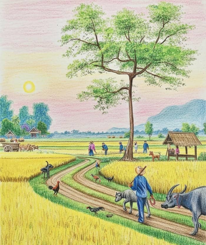 tranh vẽ quê hương thơ mộng đầy màu sắc