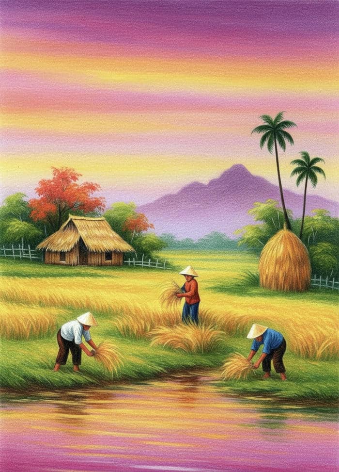 tranh vẽ quê hương yên bình rất đẹp