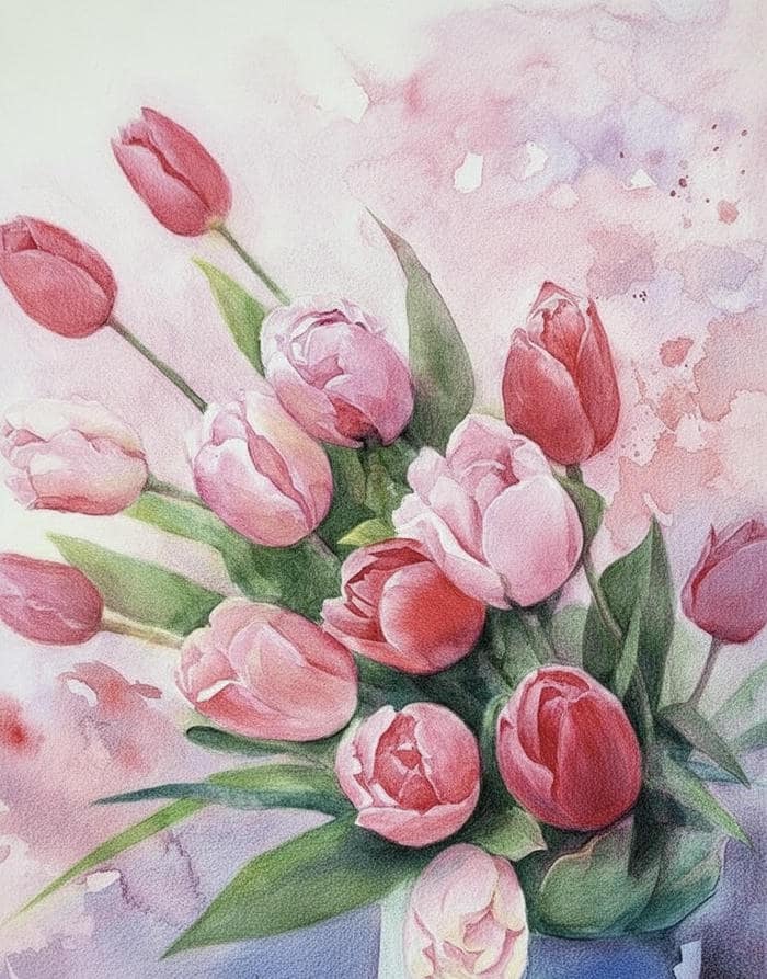 vẽ tranh hoa tulip hồng dịu