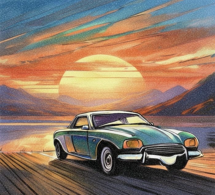 vẽ tranh ô tô dưới hoàng hôn
