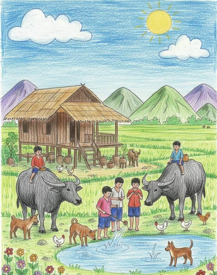 vẽ tranh quê hương gắn liền tuổi thơ