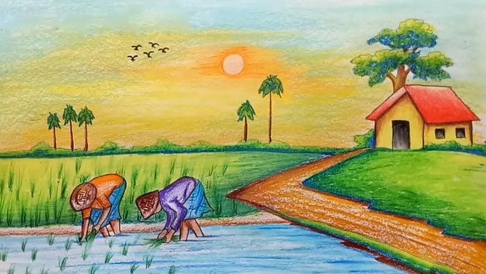 vẽ tranh quê hương hoàng hôn trên cánh đồng