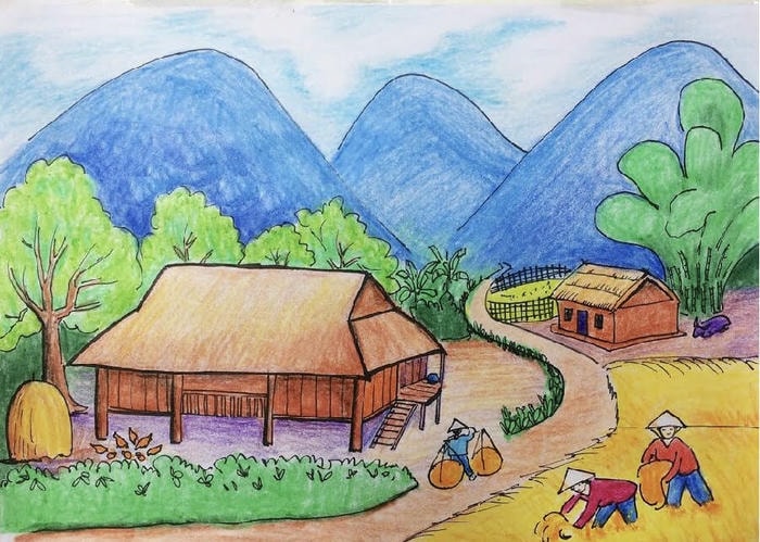 vẽ tranh quê hương không gian làng quê