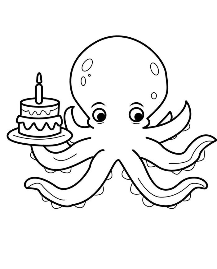 ảnh tô màu con bạch tuộc cầm bánh sinh nhật