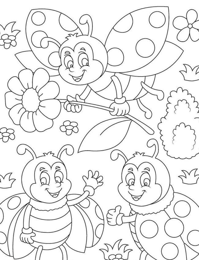 ảnh tranh tô màu bọ rùa và các bạn hái hoa