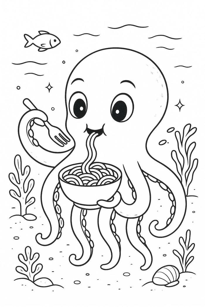 ảnh tranh tô màu con bạch tuộc đang ăn mỳ