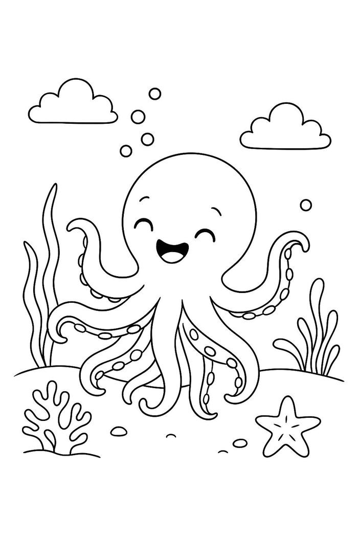 bé tập tô với con bạch tuộc