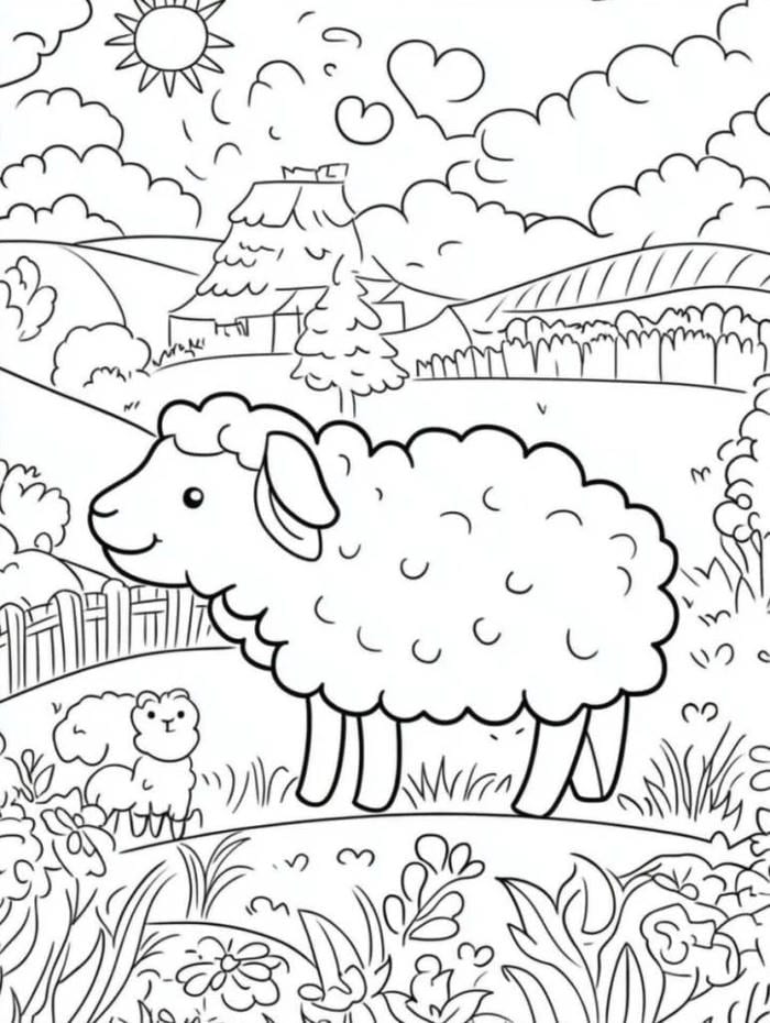 cừu nhỏ đáng yêu trong tranh tô màu