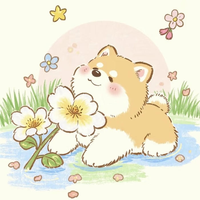 hình ảnh chó chibi cũng những bông hoa