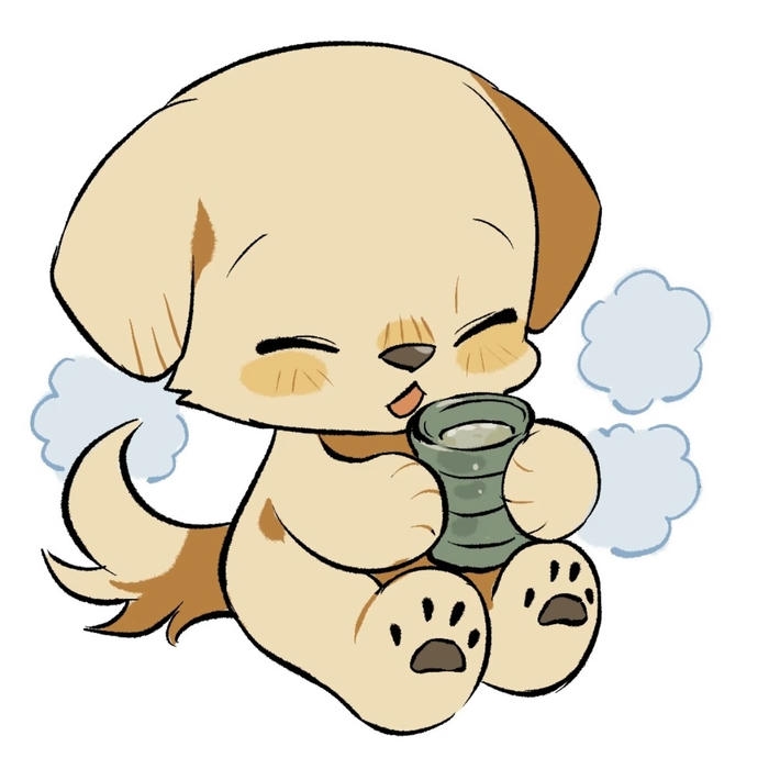 hình chó chibi ngồi uống trà với tinh thần vui vẻ