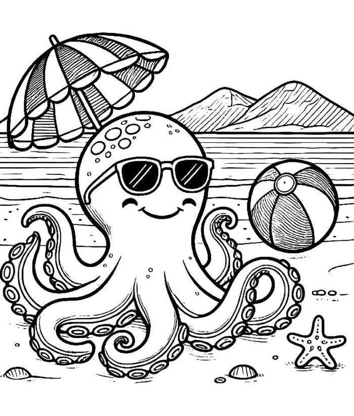 hình tô màu con bạch tuộc nằm trên cát