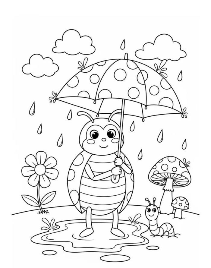 hình tô màu con bọ rùa che mưa