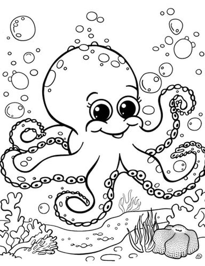 hình tranh tô màu con bạch tuộc nhả bong bóng