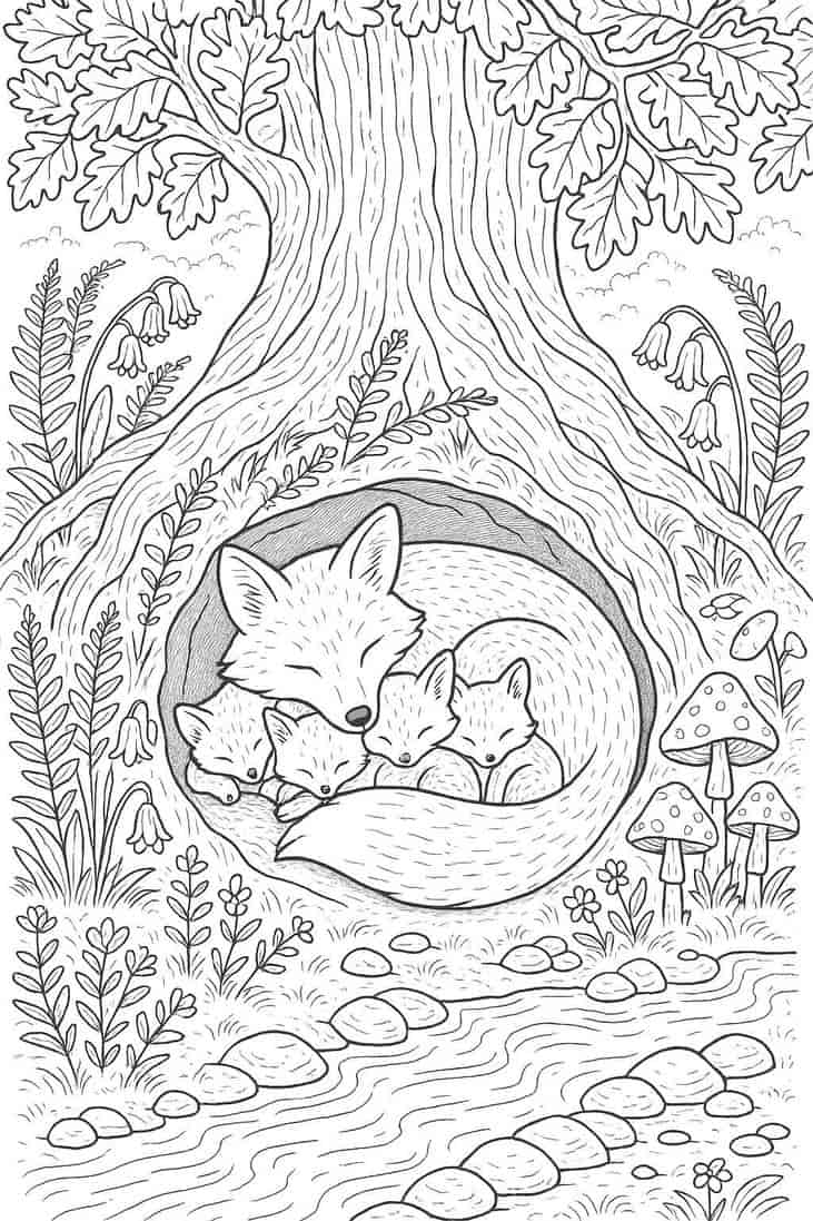 tô màu mẹ con cáo đang ngủ