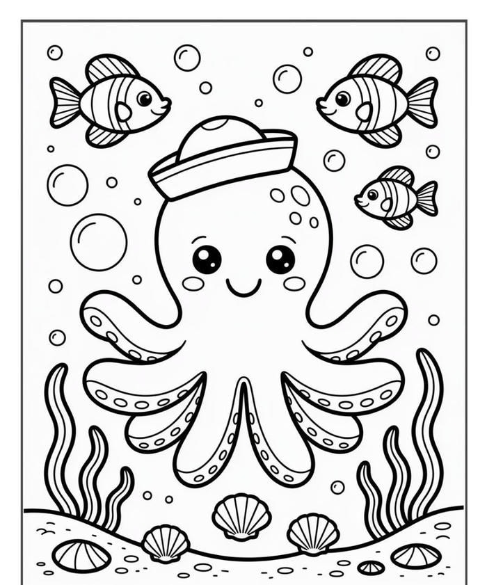 tranh tô màu con bạch tuộc bơi cùng cá