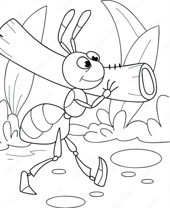 tranh tô màu hình kiến nhỏ bê củi khô