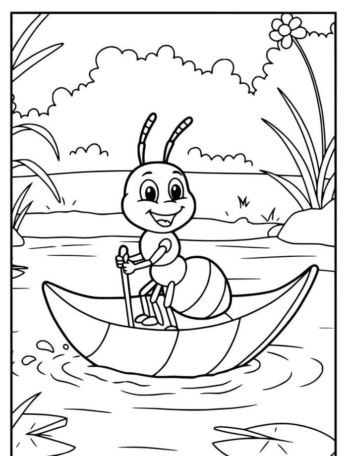 tranh tô màu kiến chèo thuyền