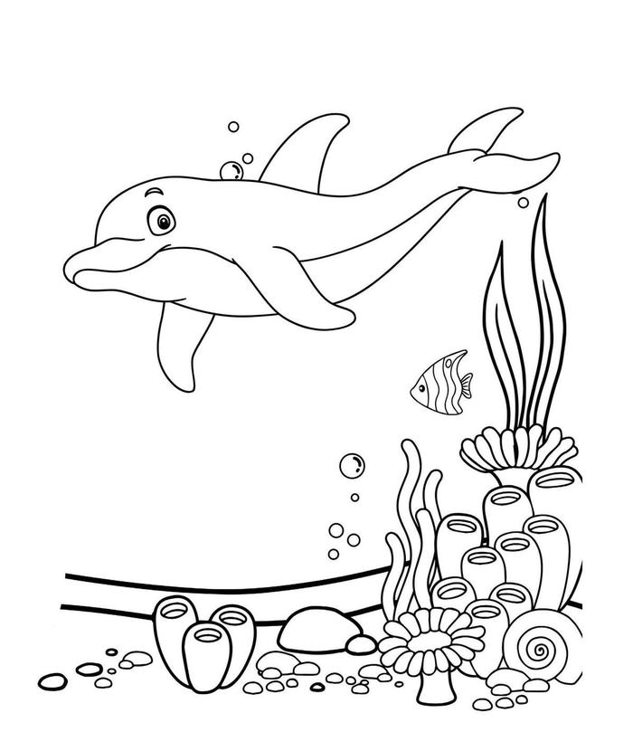 ảnh tranh tô màu cá heo tạo dáng bơi
