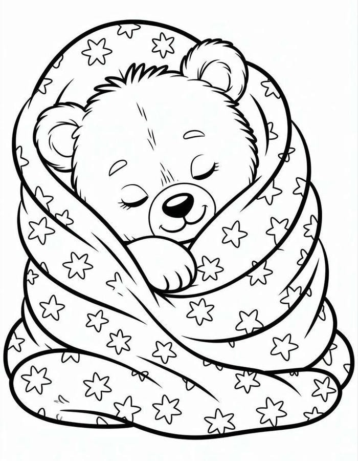 ảnh tranh tô màu con gấu ngủ trong chăn