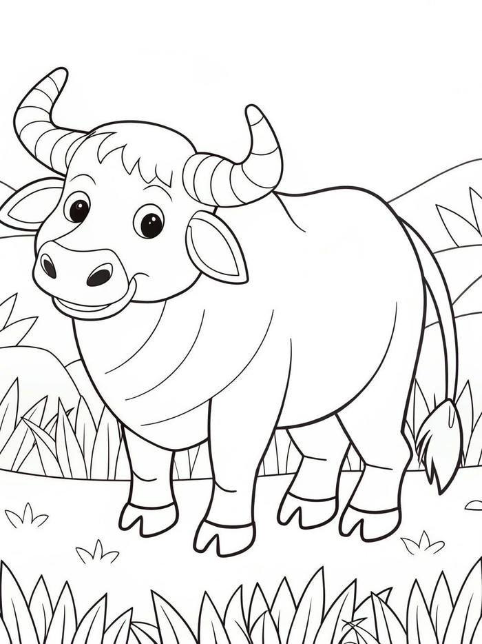 ảnh tranh tô màu trâu trên đồng cỏ