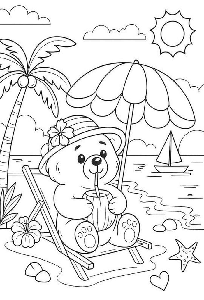 hình ảnh bé tô màu hình con gấu tắm biển
