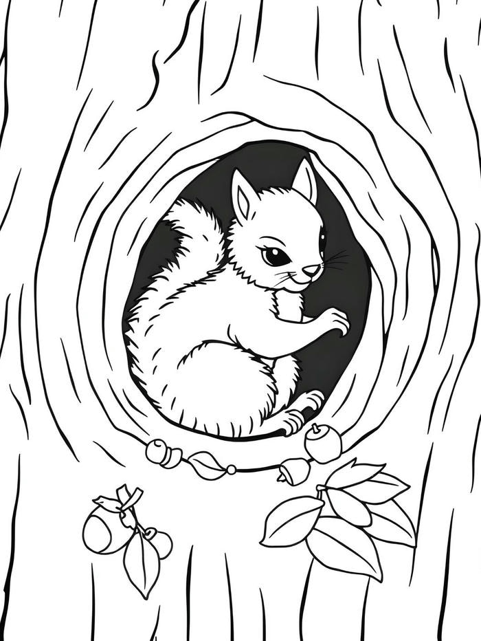 hình ảnh tranh tô màu con sóc trốn trong tổ