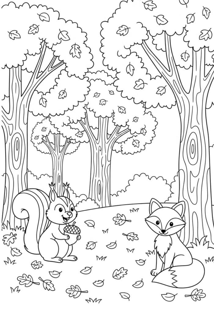 hình ảnh tranh tô màu con sóc trong rừng
