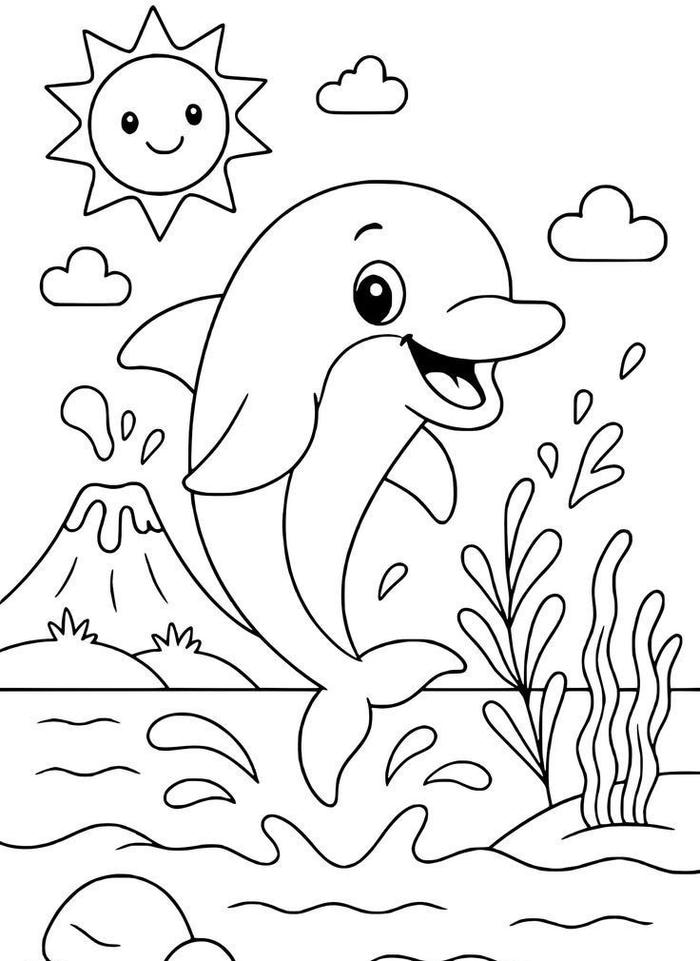 hình tranh tô màu cá heo ngộ nghĩnh
