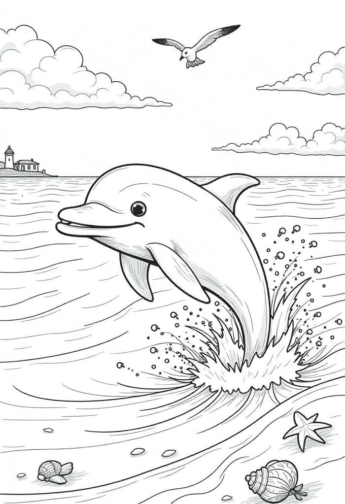 hình tranh tô màu cá heo vui mắt