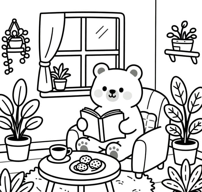 hình tranh tô màu con gấu đọc sách