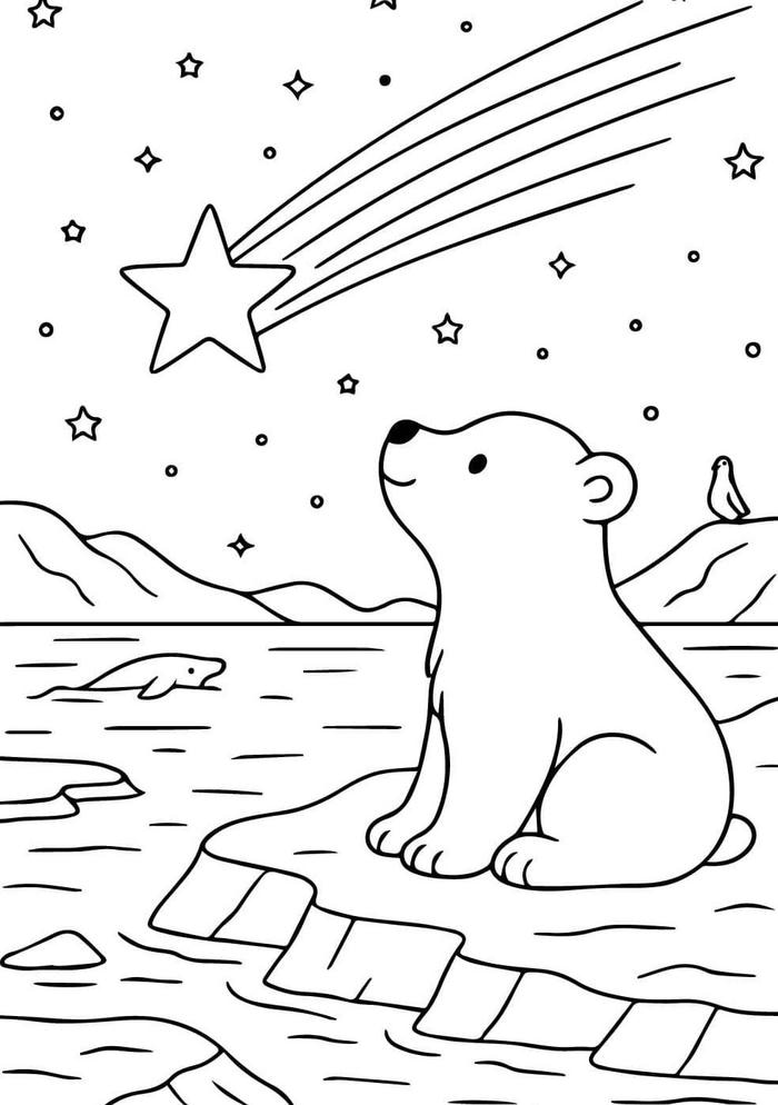 hình tranh tô màu con gấu ngắm sao băng