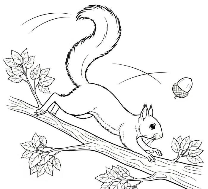 hình tranh tô màu con sóc nhảy trên cành cây