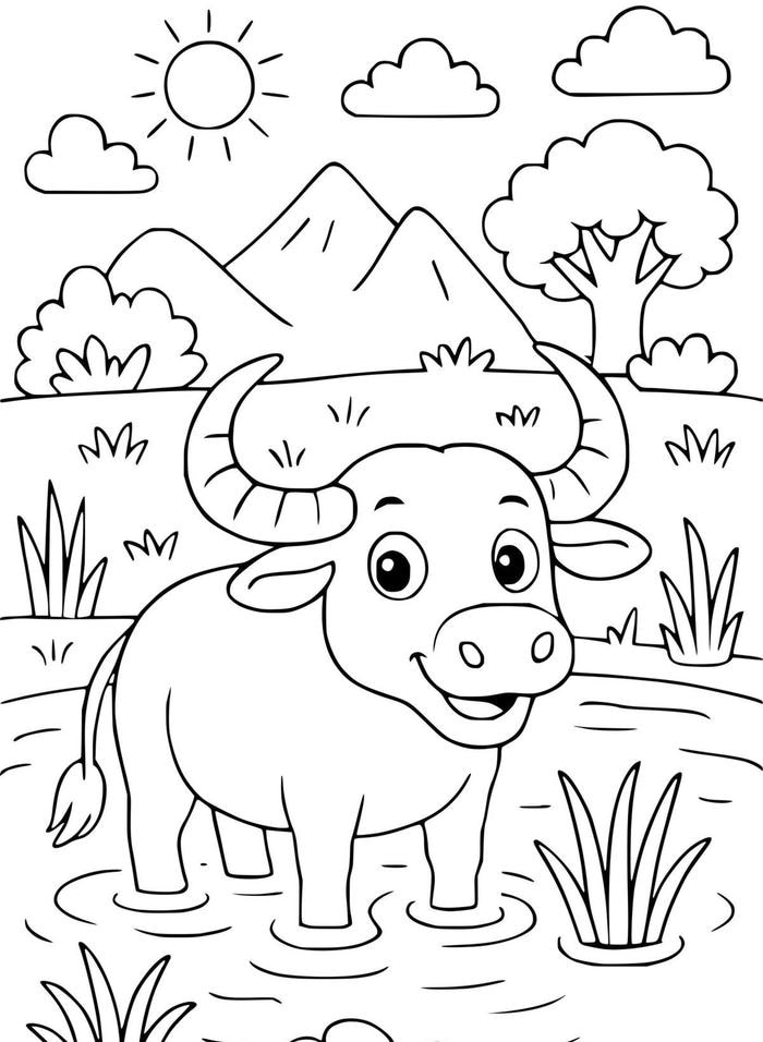 hình tranh tô màu con trâu hoạt hình