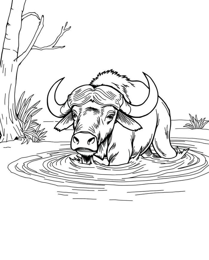 hình tranh tô màu trâu đầm dưới hồ