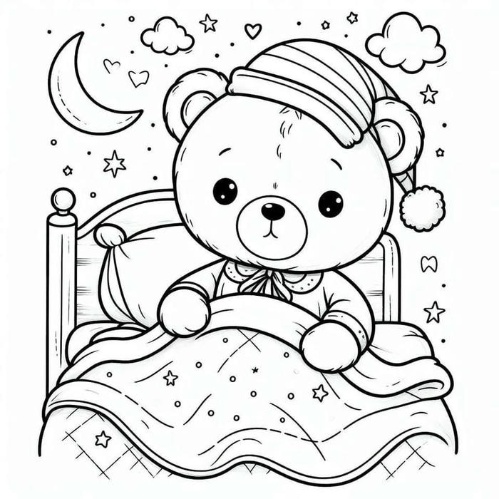 tranh tô màu con gấu nằm trên giường