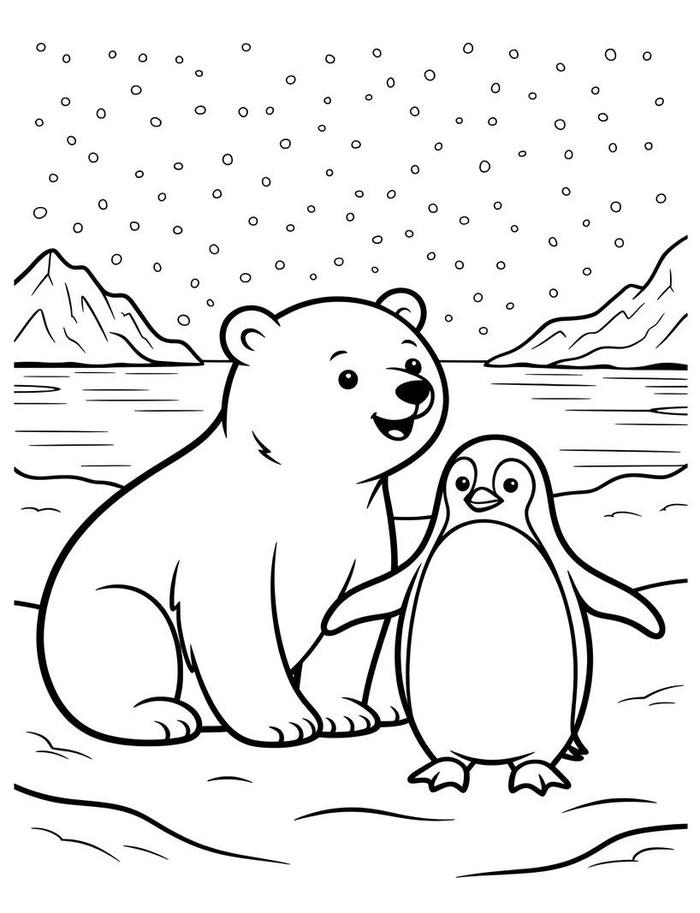 tranh tô màu con gấu và chim cánh cụt