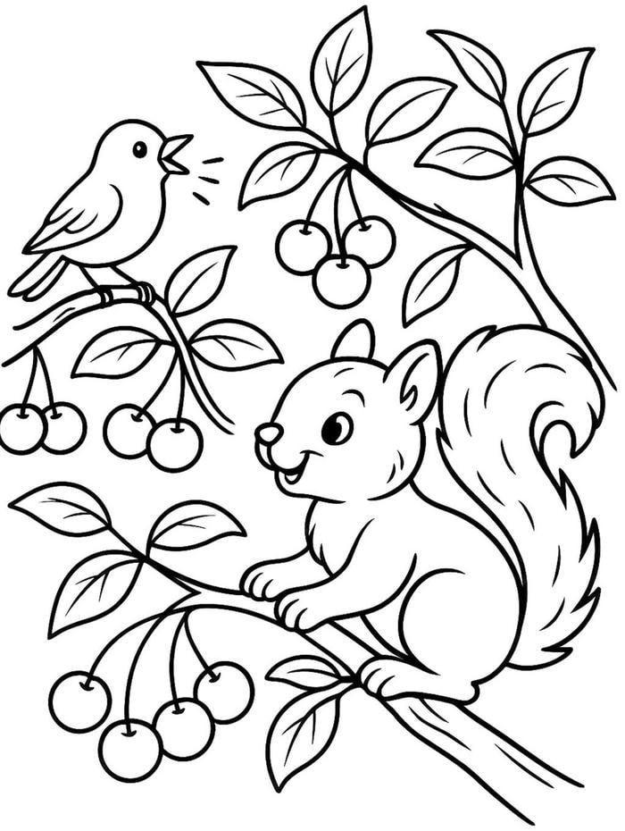 tranh tô màu con sóc đang tìm thức ăn